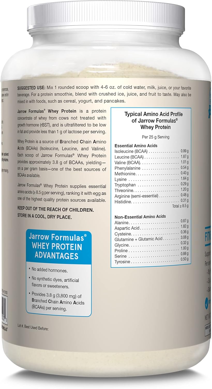 Jarrow Formulas Whey Protein With 18 g of Protein, 3.8 g of BCAAs, and Glutamine, Dietary Supplement for Muscle Function and Recovery Support, 32 oz Unflavored Powder, Approximately 38 Day Supply - Nirvana Guru