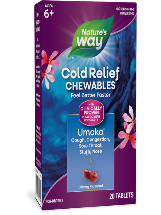 Nature's Way Cold Relief, Umcka, Shortens Duration and Reduces Severity, Multi-Symptom Cold Relief, Homeopathic, Phenylephrine Free, Cherry Flavored, 20 Chewable Tablets - Nirvana Guru