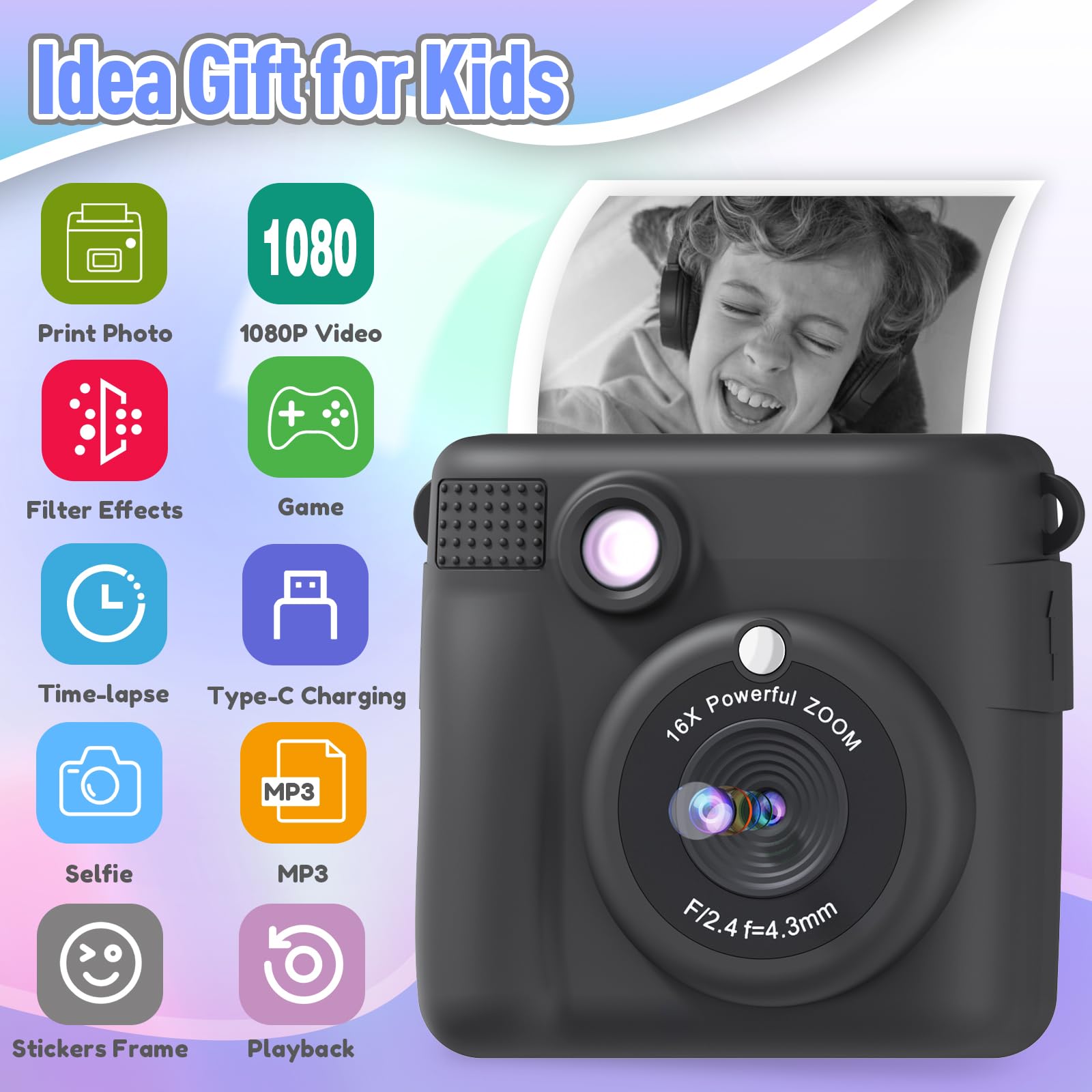Kids Camera Instant Print, Christmas Birthday Gifts for Kids Age 3-12, Selfie Digital Camera with 1080P Videos,Toddler Portable Travel Cameras Toy for 4 5 6 7 8 9 Year Old Boys Girls-Blue Nirvana Guru