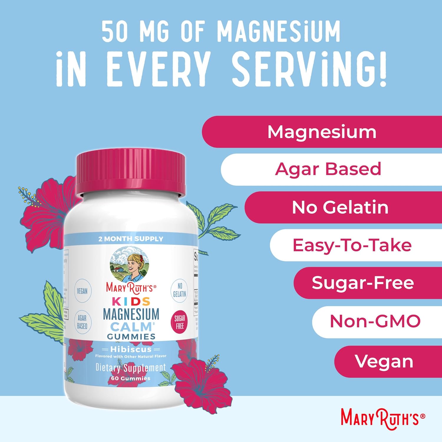 MaryRuth Organics Kids Magnesium Citrate Gummies by MaryRuth's | 2 Month Supply | Sugar-Free | Calm Magnesium Gummies for Kids 2+ | Bone Health | Calcium Absorption | Vegan | 60 Count - Nirvana Guru