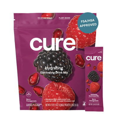 Cure Hydration | Plant-Based Electrolyte Drink Mix | No Added Sugar | FSA & HSA | Dehydration Relief Powder Made with Coconut Water | Non-GMO | Vegan | Pouch of 14 Packets - Berry Pomegranate