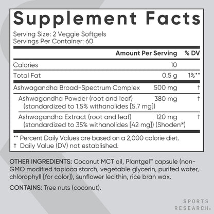 Sports Research® Ashwagandha Softgels with Coconut MCT Oil - Natural Adaptogen Made with Shoden® Ashwa for Relaxation, Calm & Sleep Support - Gluten Free & Vegan Friendly - 60 Count - Nirvana Guru