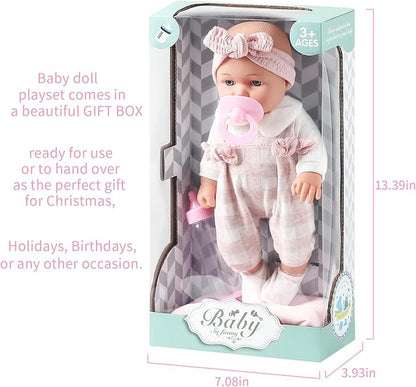 Enjoyin 12'' Baby Doll in Gift Box with Pink Cloths, Pacifier, 13''x13'' Microfabric Blanket, and Feeding Bottle. Gift Idea for Ages 3+ nirvanaguru