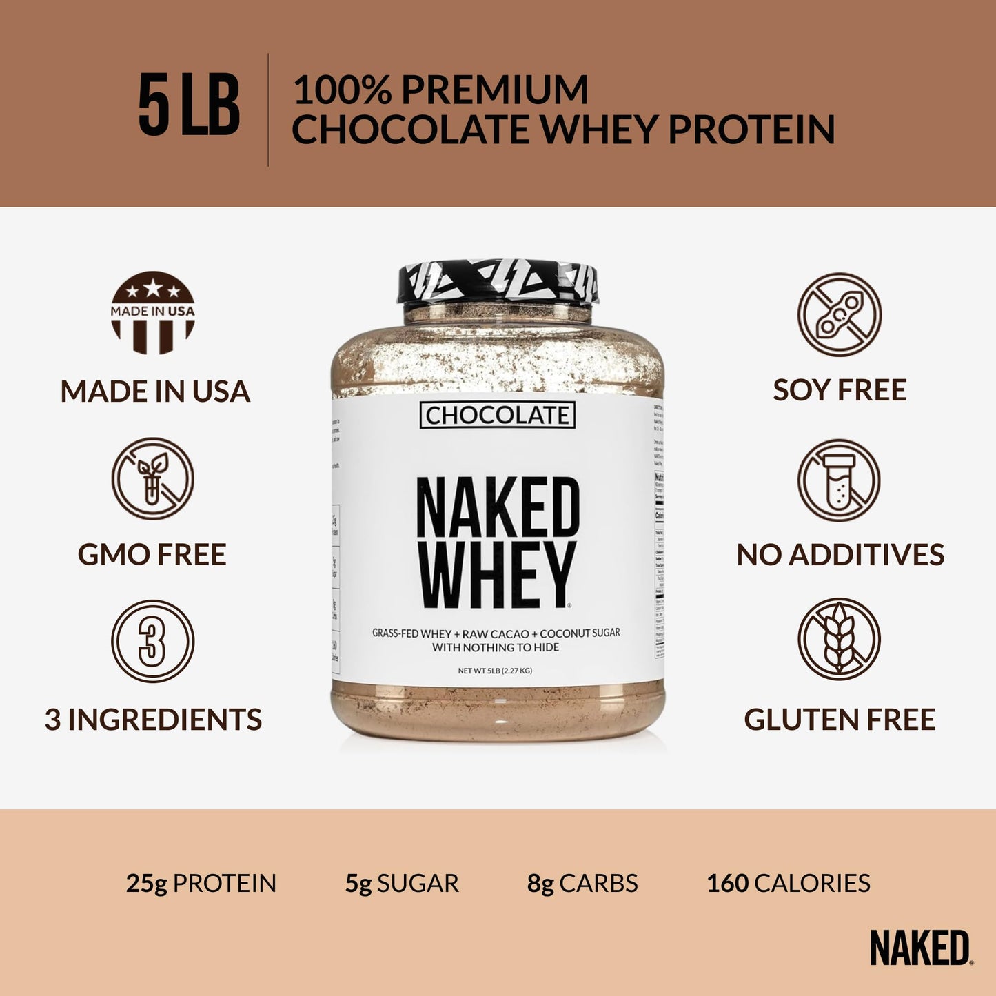 NAKED Whey Vanilla Protein Powder - Only 3 Ingredients - Grass Fed Whey Protein Powder, Vanilla Flavor, and Organic Coconut Sugar, No GMO, No Soy, and Gluten Free - 24 Servings