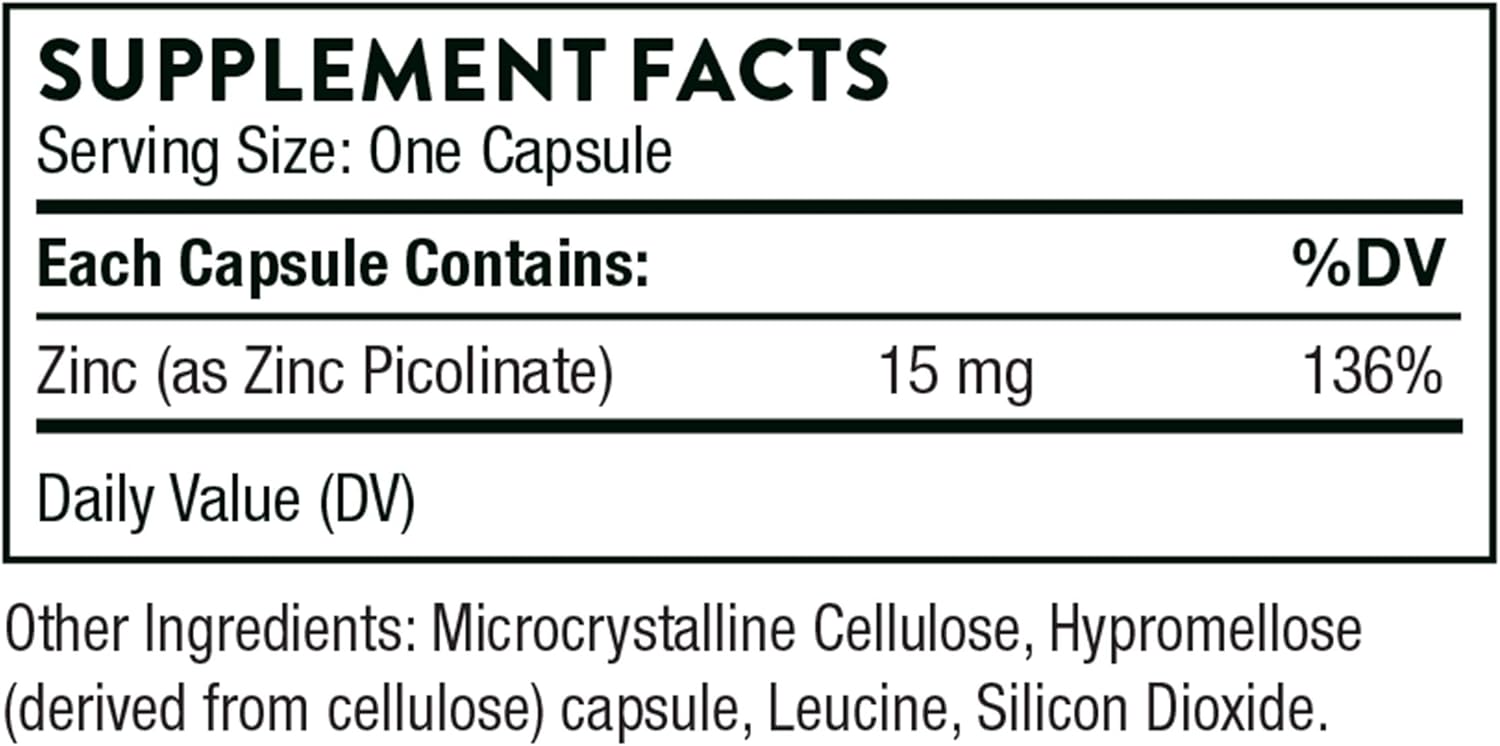 THORNE Zinc Picolinate 15mg - Highly Absorbable Zinc Supplement - Supports Wellness, Immune System, Eye, Skin, and Reproductive Health* - Gluten-Free, Soy-Free, Dairy-Free - 60 Capsules - Nirvana Guru