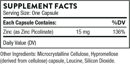 THORNE Zinc Picolinate 15mg - Highly Absorbable Zinc Supplement - Supports Wellness, Immune System, Eye, Skin, and Reproductive Health* - Gluten-Free, Soy-Free, Dairy-Free - 60 Capsules - Nirvana Guru