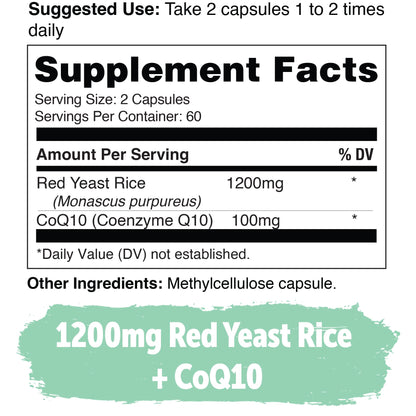 100% Natural Red Yeast Rice 1200 mg with CoQ10 100 mg, 2 in 1, Maintain Healthy Cholesterol Levels - 120 Veggie Capsules - Nirvana Guru