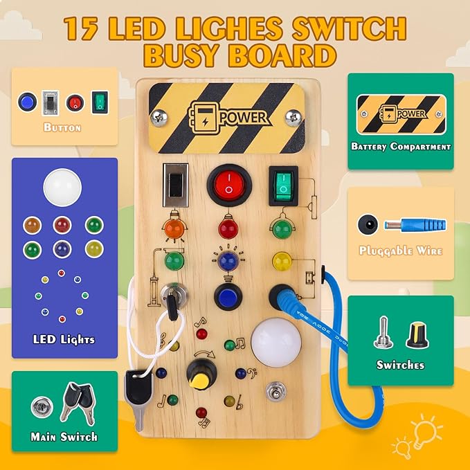 Montessori Wooden Busy Board with 8 LED Light switches, Sensory Toys Light Switch Travel Toys for 1+ Year Old Baby and Toddler nirvanaguru