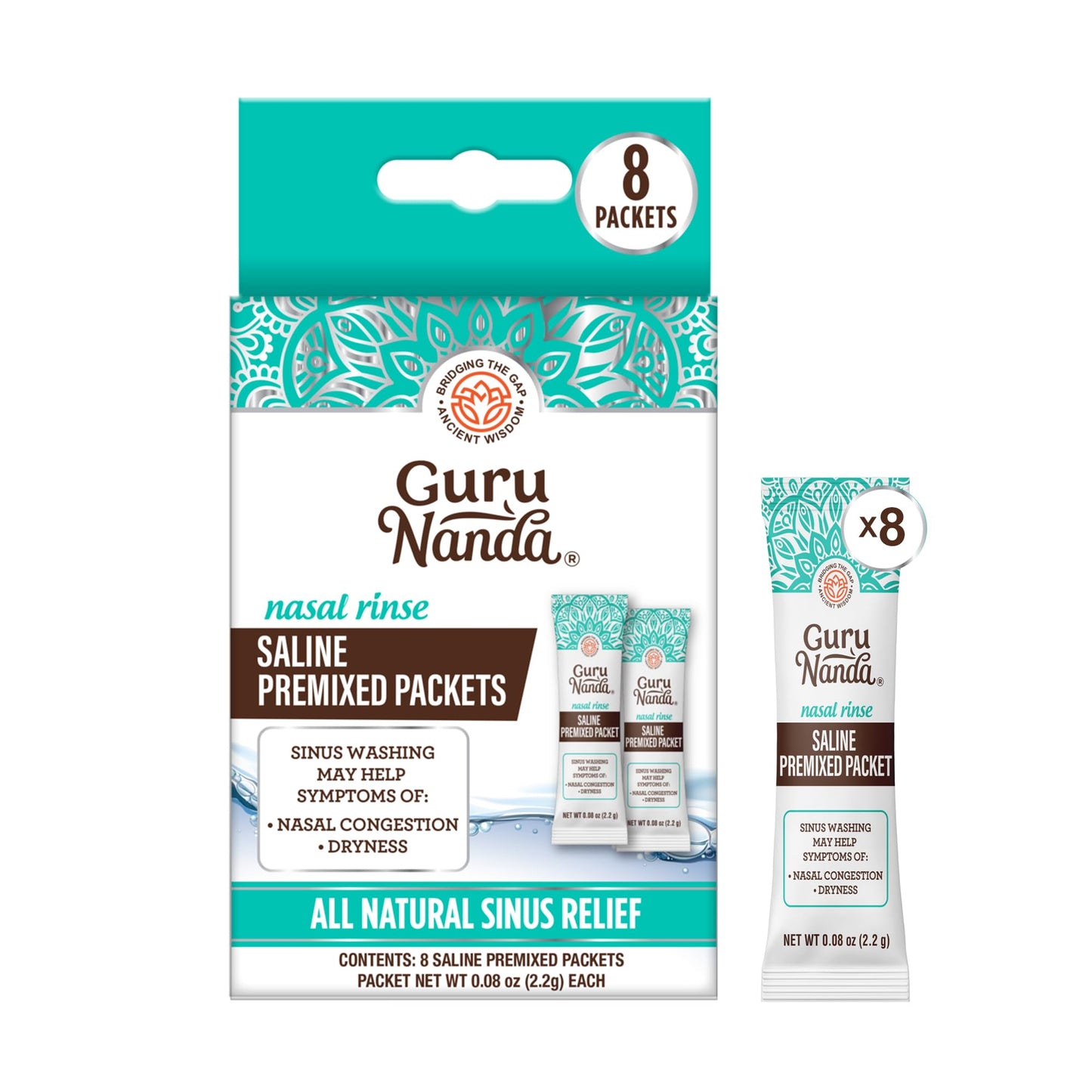 GuruNanda PreMixed Saline Packets for Nasal Rinse (120 Count), All Natural Sinus Rinse Packets to Help with Allergies & Congestion Relief, 0.08oz Each Nirvana Guru