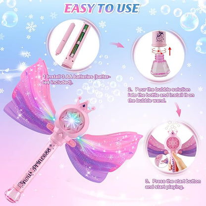 Bubble Wands for Kids Girls - LED Light & Music Bubble Machine: 3 AA Batteries & 2 Bubble Solutions, Outdoor Party Birthday Toys for Toddlers, Gift for 3 4 5 6 7 8 Year Old Girls nirvanaguru