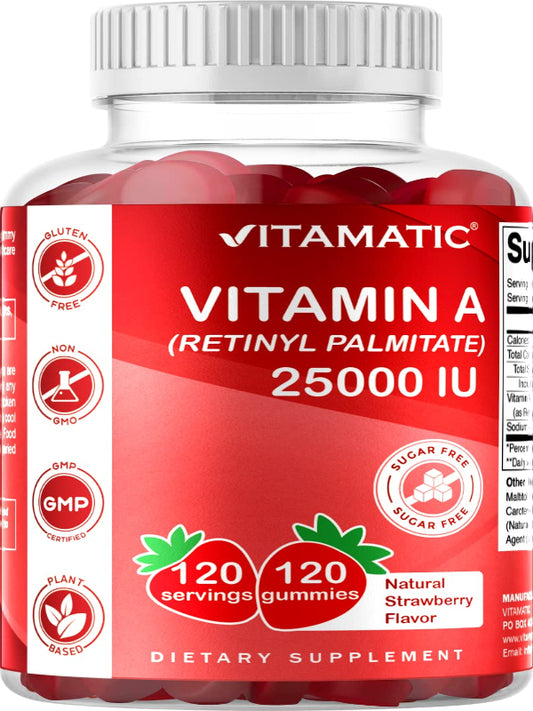 Vitamatic Sugar Free Vitamin A 25000 IU Gummies (Retinyl Palmitate) - Natural Strawberry Flavor - 120 Pectin Based Gummies (1 Bottle) Nirvana Guru