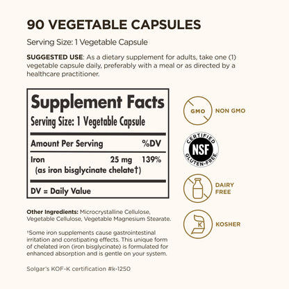 Solgar Gentle Iron, 180 Vegetable Capsules - Ideal for Sensitive Stomachs - Non-Constipating - Red Blood Cell Supplement - Non GMO, Vegan, Gluten-Free, Dairy Free, Kosher - 180 Servings Nirvana Guru