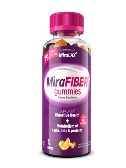 MiraFIBER Gummies, From The Gut Experts at MiraLAX, 8g of Daily Prebiotic Fiber with B Vitamins to Support Digestive Health and Metabolism, Fruit Flavored Fiber Gummies, 72 Count