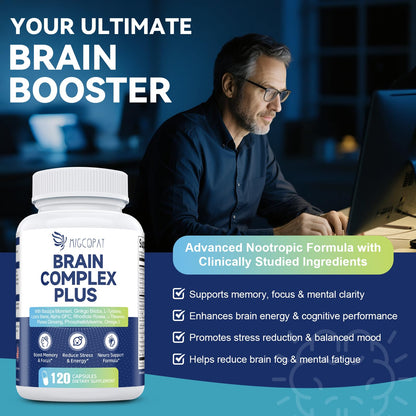 Brain Supplements for Memory & Focus - Nootropic with Bacopa Monnieri, Lion's Mane, Alpha GPC, Phosphatidylserine | Supports Mental Clarity & Cognitive Function | Vitamin B6 & B12-120 Capsules - Nirvana Guru