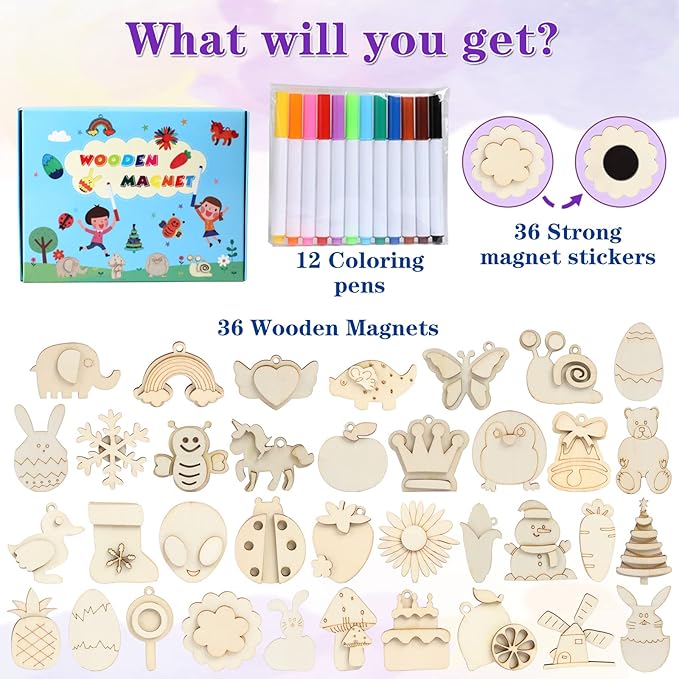Worgree DIY Wooden Magnets, 36 pcs Wooden Art Craft Supplies Painting Kit for Kids Party Favors for Boys Girls Ages 4-8 8-12 Birthday Easter Crafts Gifts Toys Basket Goodie Bag Stuffers nirvanaguru