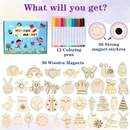 Worgree DIY Wooden Magnets, 36 pcs Wooden Art Craft Supplies Painting Kit for Kids Party Favors for Boys Girls Ages 4-8 8-12 Birthday Easter Crafts Gifts Toys Basket Goodie Bag Stuffers nirvanaguru