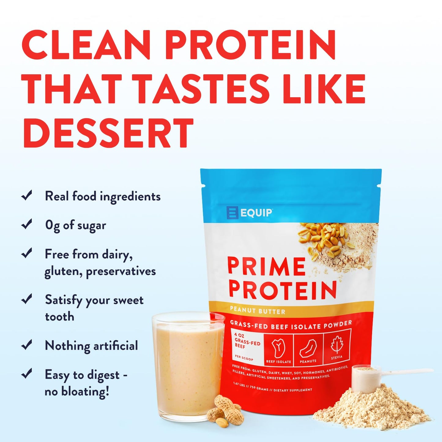 Equip Foods Prime Protein Powder | Clean, Grass Fed Beef Protein Isolate | Carnivore Protein Powder | Paleo, Keto Friendly | Gluten, Dairy Free | Helps Build & Repair Tissue | 30 Servings, Chocolate