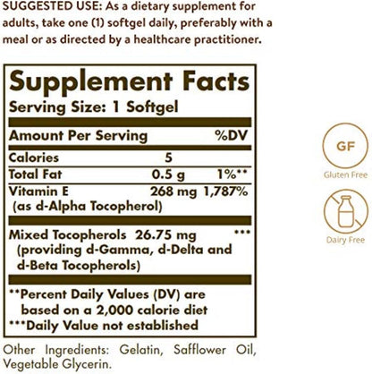 Solgar Vitamin E 268 MG (400 IU) (d-Alpha Tocopherol & Mixed Tocopherols), 100 Softgels - Supports Immune System & Skin Nutrition - Natural Antioxidant - Gluten Free, Dairy Free - 100 Servings Nirvana Guru