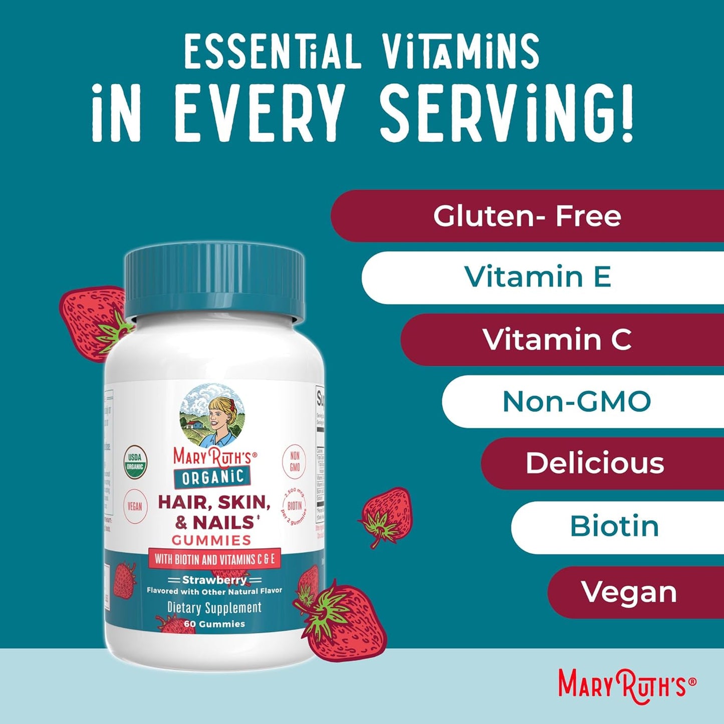 MaryRuth Organics Hair | Skin | and Nails Vitamins | Biotin Gummies with Vitamin C & Vitamin E | Hair Growth Vitamins | Skin Care | Nail Strength | USDA Organic Gummies for Ages 14+ | 60 Count - Nirvana Guru