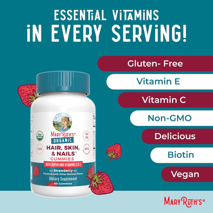 MaryRuth Organics Hair | Skin | and Nails Vitamins | Biotin Gummies with Vitamin C & Vitamin E | Hair Growth Vitamins | Skin Care | Nail Strength | USDA Organic Gummies for Ages 14+ | 60 Count - Nirvana Guru