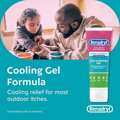Benadryl Extra Strength Anti Itch Relief Gel, 2% Diphenhydramine HCl, Relief from Insect Bites, Sunburn & More, Great for Camping Essentials, 3.5 fl oz