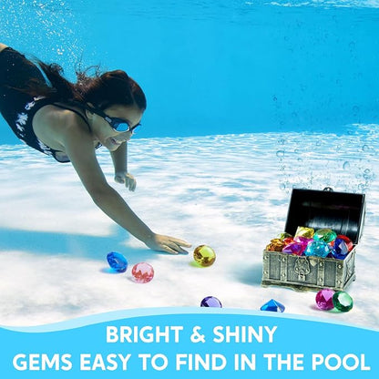 Sloosh Diving Gems Pool Toys, 16 Big Colorful Diamond with Pirate Treasure Chest,Swim Dive Toy for Kids Underwater Gemstone Swimming Training Gift Water Pool Games(Gold) nirvanaguru