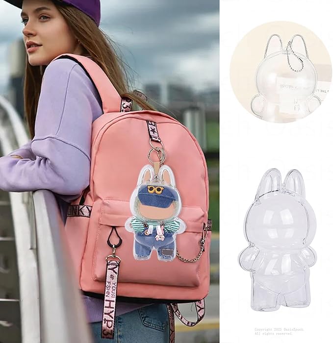 Protective Case Compatible with LABUBU Doll - Crystal-Clear Hard Display Box with Keychain & Dustproof Cover, Secure Backpack Hooks for Shelf/Outdoor Showcase (Doll Not Included)（Standing） nirvanaguru