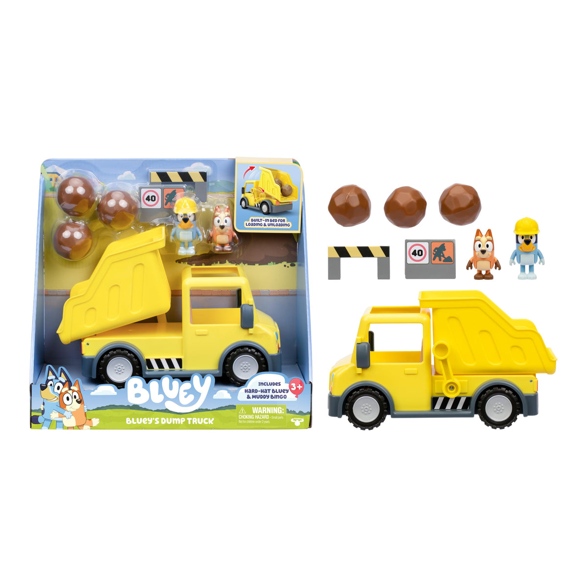 Bluey Dump Truck Toy Playset, Sturdy Working Toy Dump Truck with 2 Articulated Figures and 3 Huge Boulders, Construction Toys for Kids of Ages 3+
