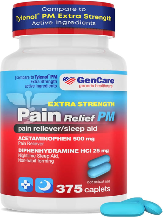 GenCare Extra Strength Acetaminophen PM 500 mg (375 Tablets) | Ultimate Pain Relief & Sleep Support for Adults | Quick Acting & Non Habit Forming Headache Relief | Eases Aches & Joint Discomfort