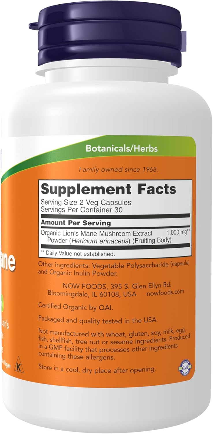 NOW Foods Supplements, Lion's Mane 500 mg, Super Mushroom, Made with Organic Lion's Mane Mushrooms, 60 Veg Capsules - Nirvana Guru