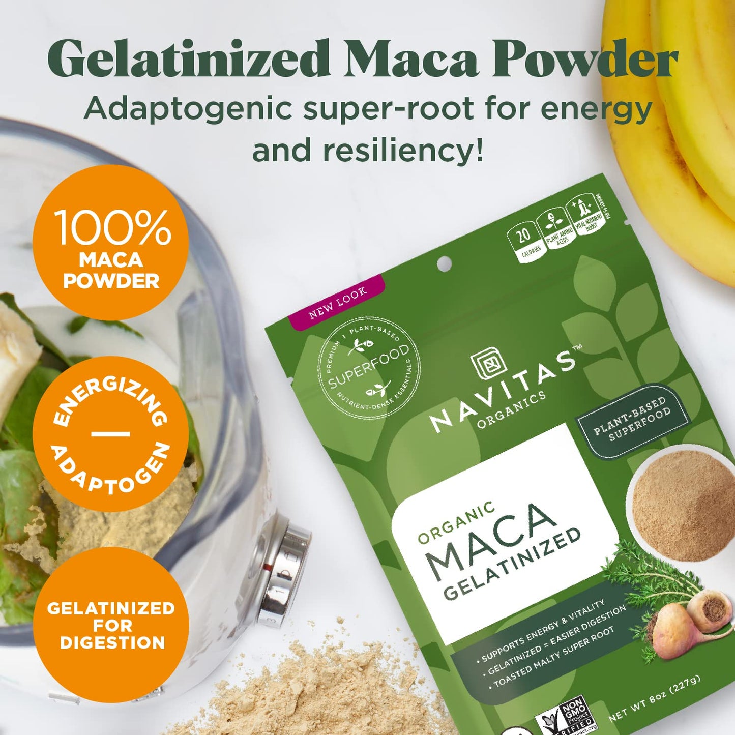 Navitas Organics Maca Powder – 100% Gelatinized Peruvian Maca for Adaptogen Smoothies, Lattes, Baking & More – Energize & Balance - USDA Organic, Non GMO, Vegan, Gluten Free (4oz. Bag, 23 Servings)