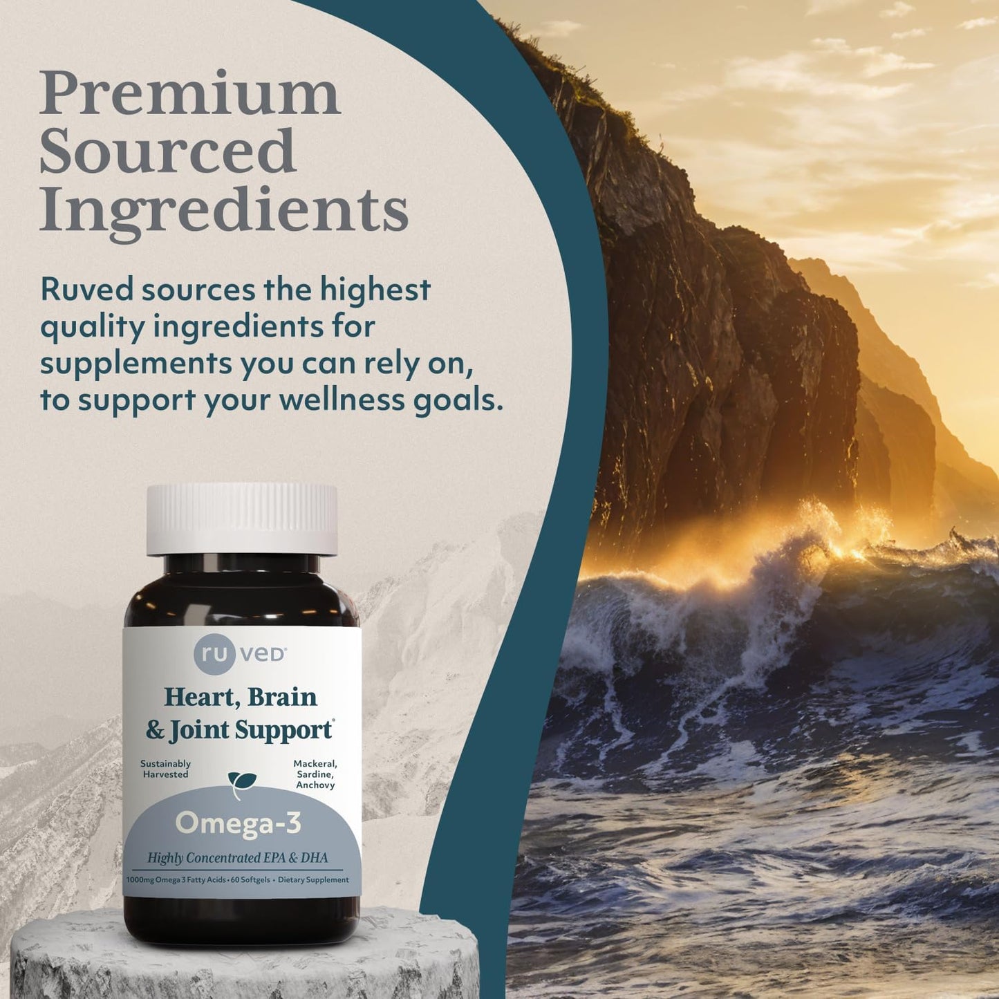 ruved 1000mg Omega-3, Pure and Potent Omega 3 for Daily Wellness, Essential Fatty Acids for Brain, Joint and Overall Health, 60 Softgels Nirvana Guru