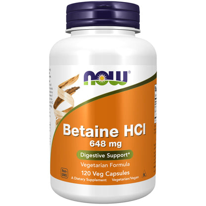 NOW Foods Supplements, Betaine HCl 648 mg, Vegetarian Formula, Digestive Support*, 120 Veg Capsules - Nirvana Guru