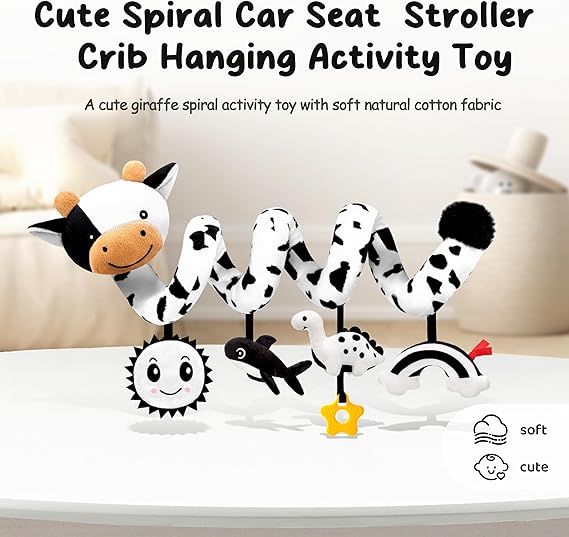Spiral Car Seat Baby Toys 0-6 Months, Infant Carseat High Contrast Sensory Toys Hanging Stroller Accessories, Newborn Gifts for Baby Boys Girls Essentials, Cute Black and White Cow nirvanaguru