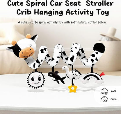 Spiral Car Seat Baby Toys 0-6 Months, Infant Carseat High Contrast Sensory Toys Hanging Stroller Accessories, Newborn Gifts for Baby Boys Girls Essentials, Cute Black and White Cow nirvanaguru