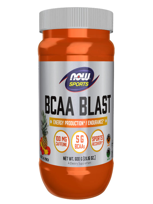 NOW Foods Sports Nutrition, BCAA Blast Powder, 5 g BCAA, 100 mg Caffeine, Tropical Punch, 600-Grams - Nirvana Guru