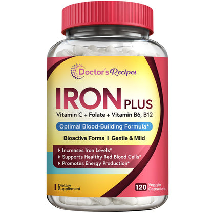 Doctor's Recipes Iron Supplement 65 mg with Vitamin C - Maximized Absorption, Stomach Friendly & High Potency Iron Pills for Red Blood Cells Formation & Immunity Health - Vegan Non-GMO 60 Iron Tablets Nirvana Guru