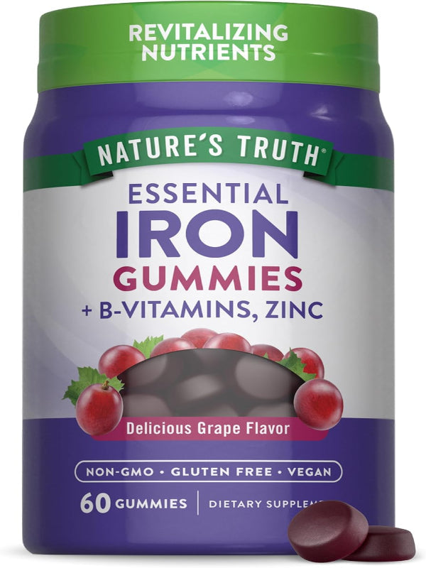 Nature's Truth Iron Gummies | 60 Count | Vegan, Non-GMO & Gluten Free Supplement | with Zinc & B Vitamins | Grape Flavor Nirvana Guru