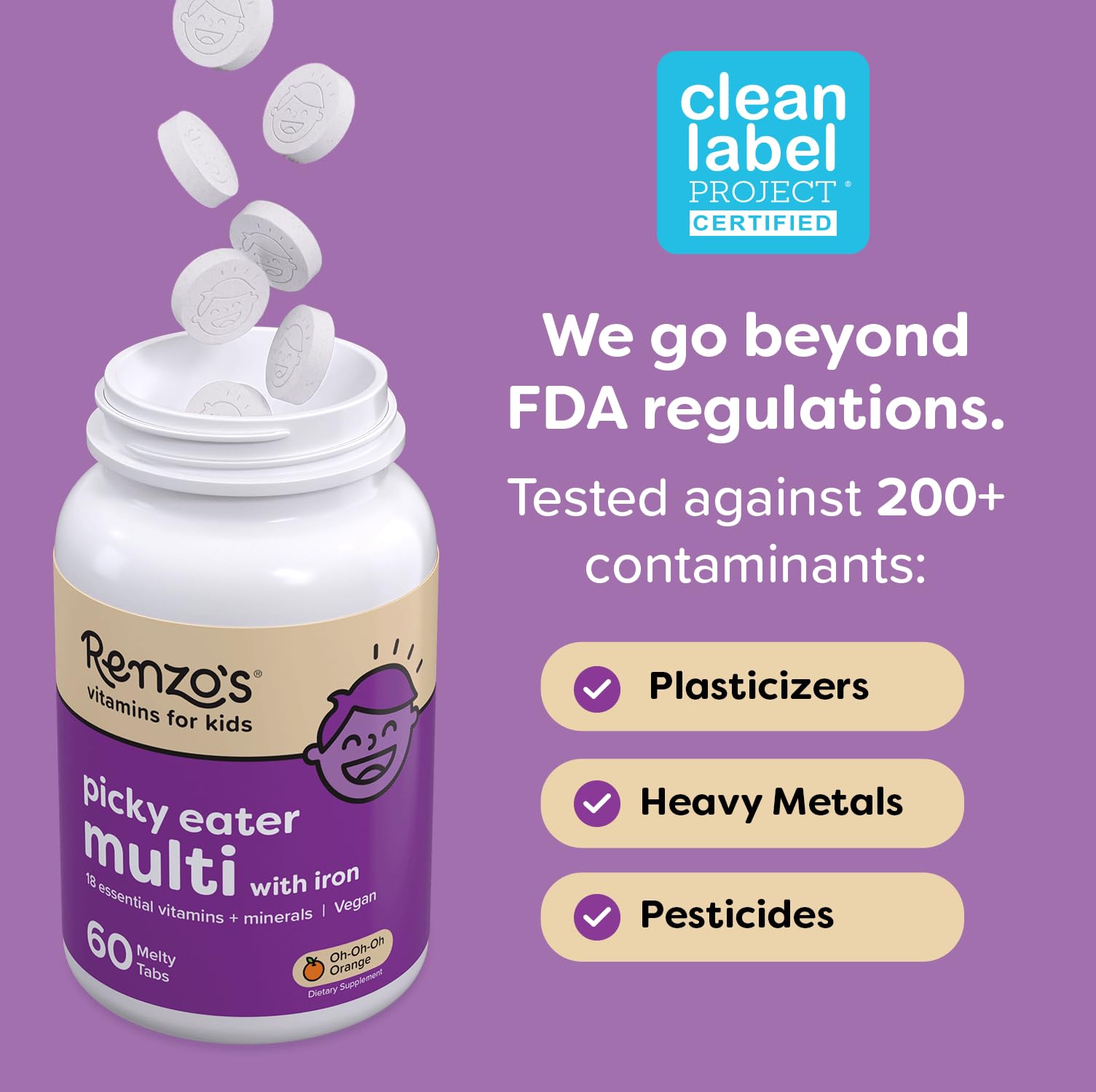 Renzo's Picky Eater Kids Multivitamin with Iron, Dissolving Kids Vitamins with Vitamin D3 and K2 and More, 60 Sugar-Free Melty Tabs, Lil’ Green Apple Flavored Nirvana Guru