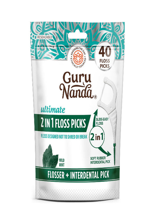 GuruNanda 2 in 1 Dental Floss Picks - Non-Slip Grip Handle, Slide Easy, No Break or Shred Flosser - Complete Oral Care with Interdental Pick for Healthy Teeth & Gums - Mint Flavor, 40 Count (1 Pack) Nirvana Guru