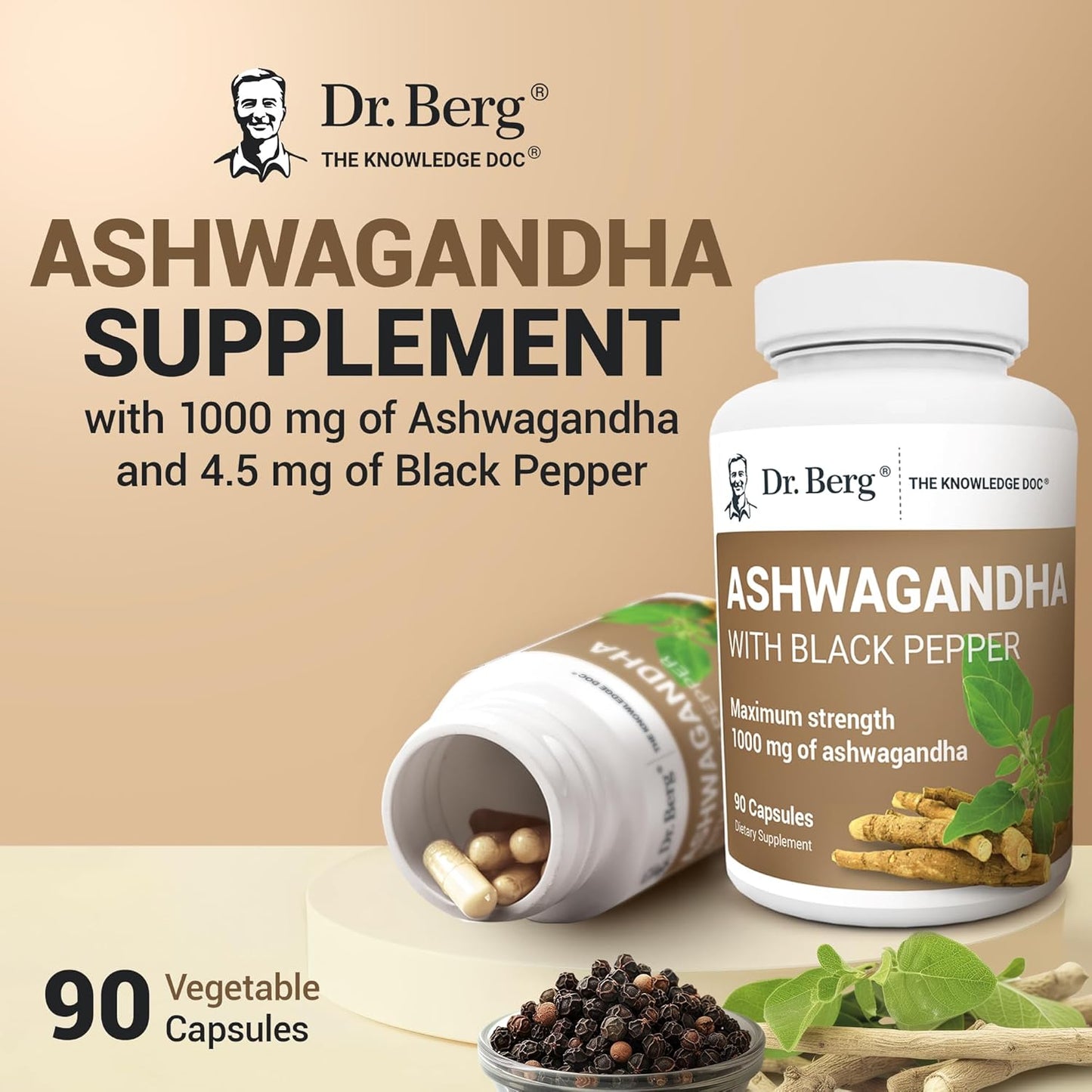 Dr. Berg Ashwagandha Capsules 1000mg - Includes Ashwagandha Root with Black Pepper from Bioperine - Ashwagandha Supplements 90 Capsules - Nirvana Guru