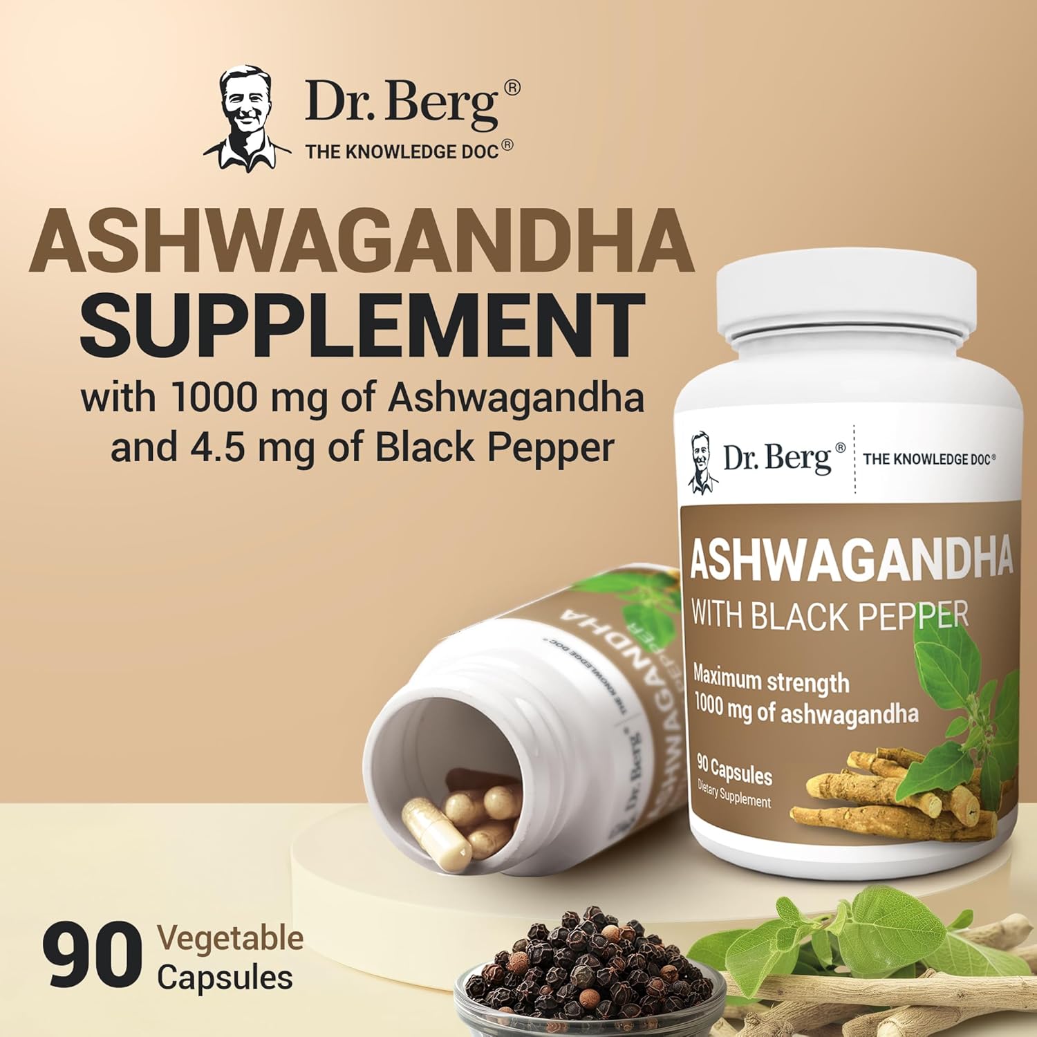 Dr. Berg Ashwagandha Capsules 1000mg - Includes Ashwagandha Root with Black Pepper from Bioperine - Ashwagandha Supplements 90 Capsules - Nirvana Guru