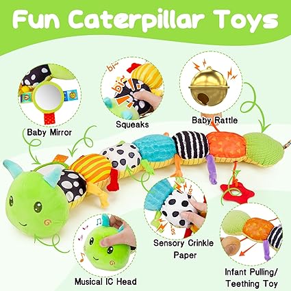 Baby Sensory Toy 0-6 Month Music Animal Stuffed Plush Caterpillar Toy for Infant 0-3-6 Month Tummy Time with Baby Mirror Crinkle Rattle for 6-12 Month Carseat Toys for Newborn Boys Girls Shower Gifts nirvanaguru