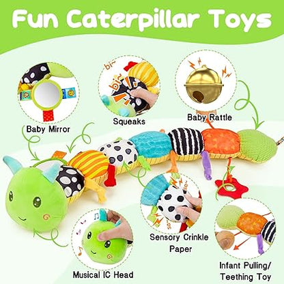 Baby Sensory Toy 0-6 Month Music Animal Stuffed Plush Caterpillar Toy for Infant 0-3-6 Month Tummy Time with Baby Mirror Crinkle Rattle for 6-12 Month Carseat Toys for Newborn Boys Girls Shower Gifts nirvanaguru