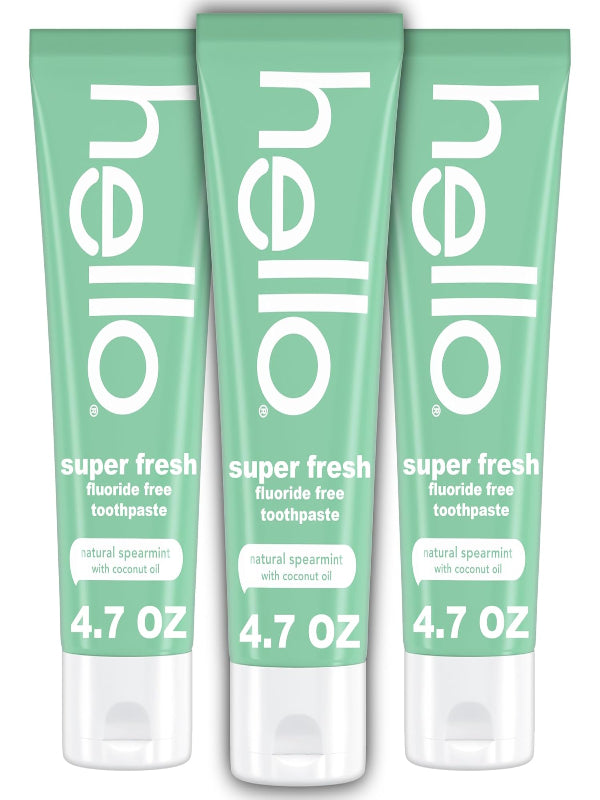 hello Super Fresh Fluoride Free Toothpaste, Toothpaste for Bad Breath, Helps Remove Surface Stains, Natural Spearmint, 3 Pack, 4.7 Oz Tubes Nirvana Guru