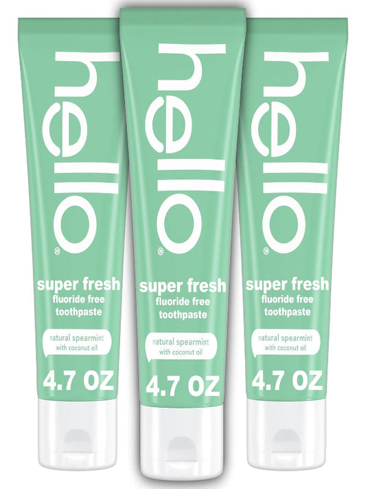 hello Super Fresh Fluoride Free Toothpaste, Toothpaste for Bad Breath, Helps Remove Surface Stains, Natural Spearmint, 3 Pack, 4.7 Oz Tubes Nirvana Guru