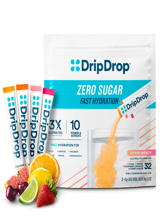 DripDrop Sugar Free Hydration Packets - Zero Classic Variety Pack - Single Serve Electrolytes Powder Drink Mix - Lemon Lime, Watermelon, Peach, Passion Fruit - Non-GMO, Gluten Free, Vegan - 32 Sticks