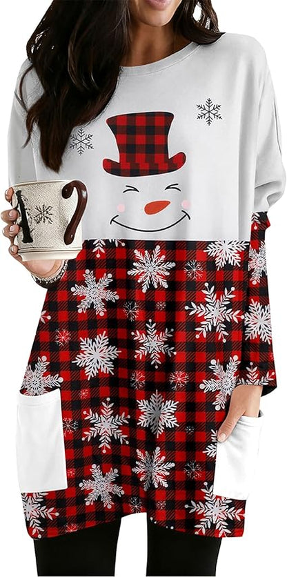 MOUSYA Women Dress Shirt Christmas Long Sleeve Tops Santa Printed Pullover Loose Plus Size T-Shirt Blouse with Pockets
