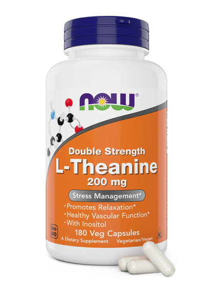 NOW Foods L-Theanine, Double Strength 200 mg Per Cap - 180 Veg Capsules - Enhanced with 100mg Inositol - Vegetarian, Non-GMO - Ltheanine 200mg Supplement - Nirvana Guru