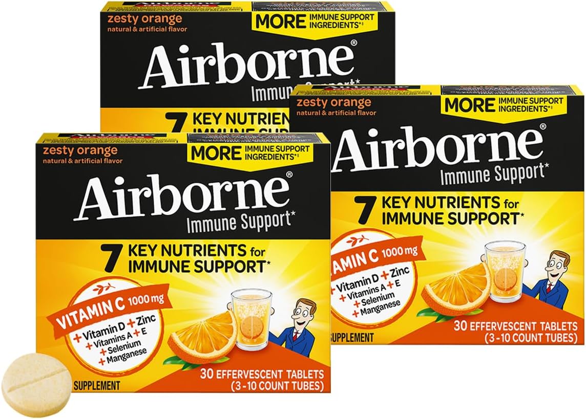 Airborne 1000mg Vitamin C + Zinc Sugar Free Multivitamin Immune Support Effervescent Fizzy Drink Tablets, Zesty Orange Flavor with Powerful Antioxidants Vitamins A C & E, 30 Tablets (3 Pack) Nirvana Guru